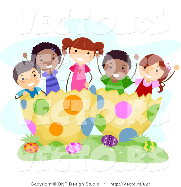 Cartoon Vector of a Happy Group of Diverse Children in a Huge Easter Egg