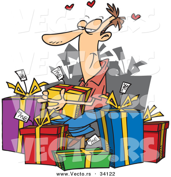 Cartoon Vector of a Happy Guy Giving Himself Lots of Presents