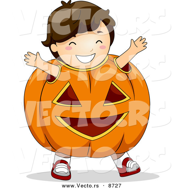 Cartoon Vector of a Happy Halloween Boy in a Jack O'Lantern Costume