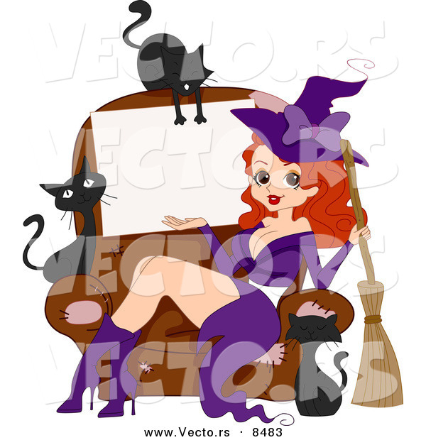 Cartoon Vector of a Happy Halloween Pinup Witch Girl Advertising Blank Sign with Black Cats