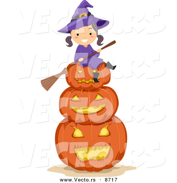 Cartoon Vector of a Happy Halloween Witch Girl Sitting on Jack O'Lanterns