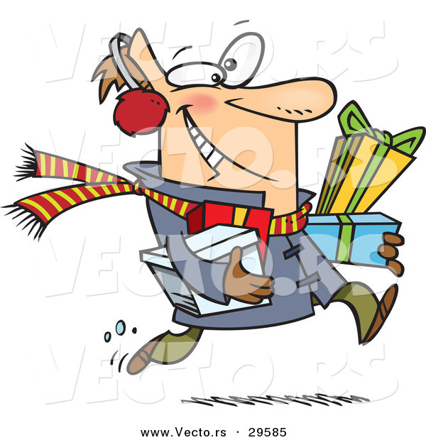 Cartoon Vector of a Happy Last Minute Male Christmas Shopper Running with Lots of Presents