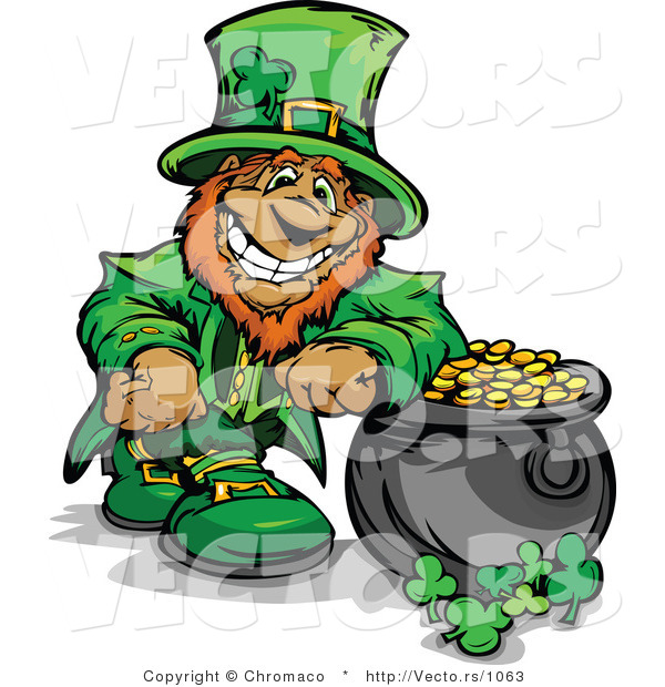 Cartoon Vector of a Happy Leprechaun Mascot Standing Beside Full Pot of Gold