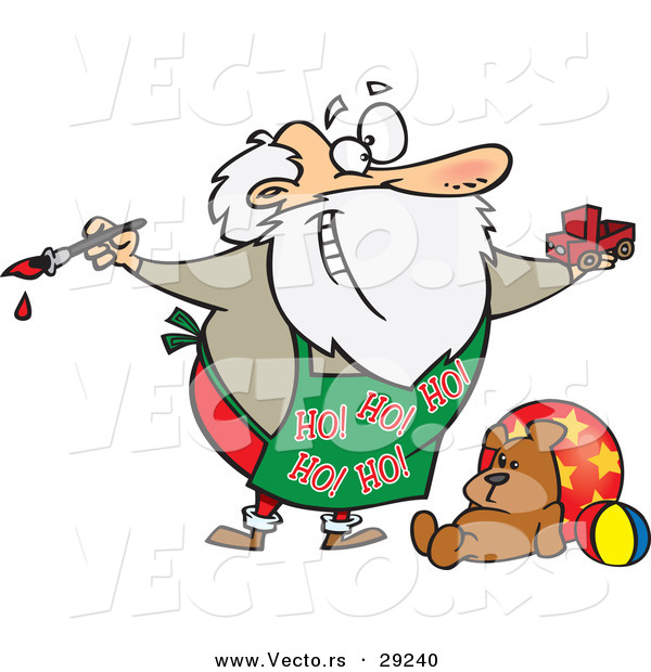 Cartoon Vector of a Happy Santa Painting a Toy Truck