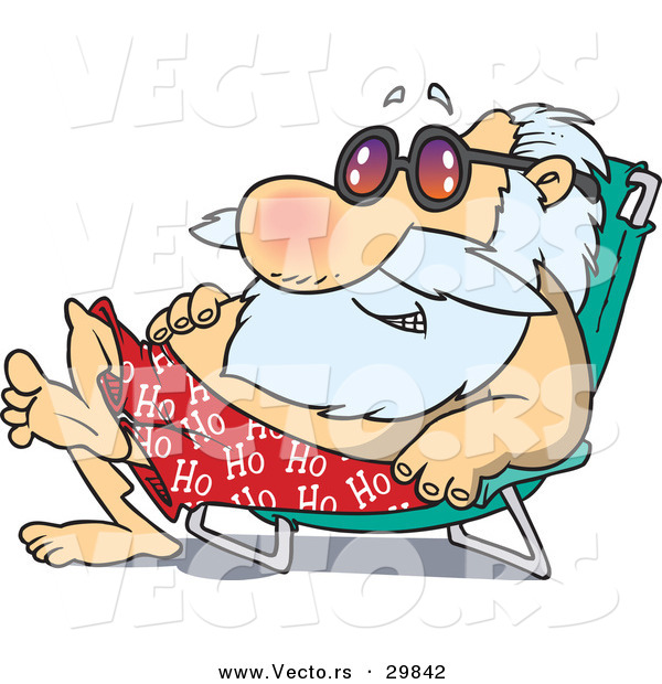 Cartoon Vector of a Happy Santa Sun Bathing on a Beach Chair