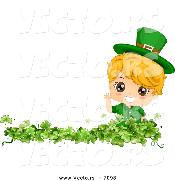 Cartoon Vector of a Happy St. Patrick's Day Boy Waving from a Clover Patch