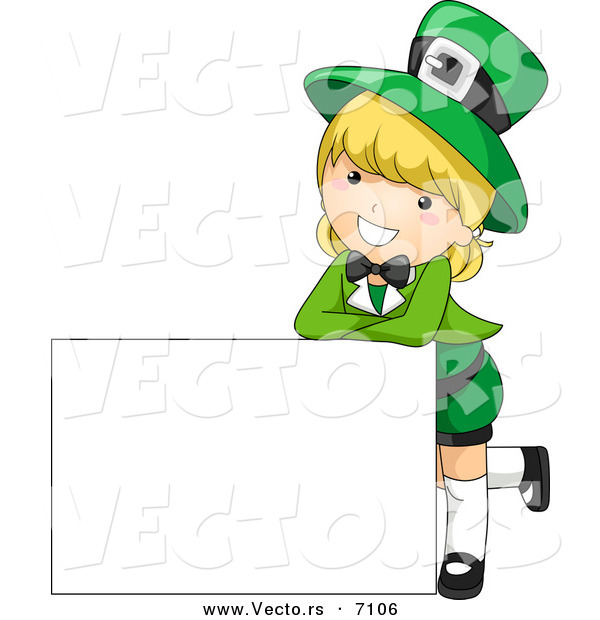 Cartoon Vector of a Happy St. Patrick's Day Girl Leaning on a Blank White Sign