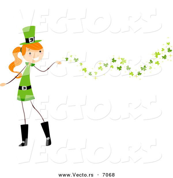 Cartoon Vector of a Happy St. Patrick's Day Girl Releasing Clovers into the Air