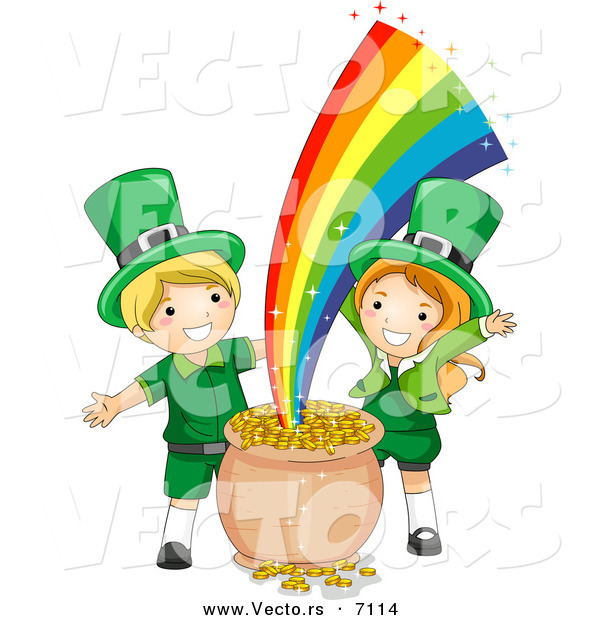 Cartoon Vector of a Happy St. Patrick's Day Leprechaun Girl and Boy Beside a Magical Pot Full of Gold at the End of a Rainbow