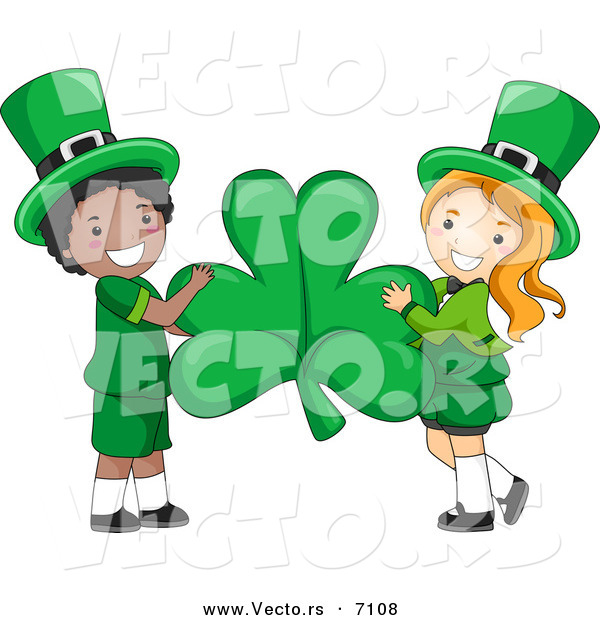 Cartoon Vector of a Happy St. Patrick's Day Leprechaun Girl and Boy Holding a Big Clover