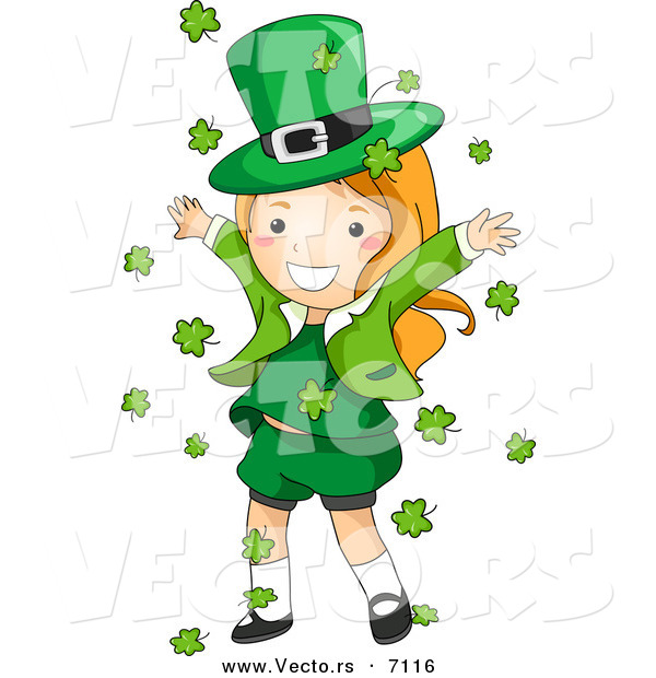 Cartoon Vector of a Happy St. Patrick's Day Leprechaun Girl Playing in Clovers Falling All Around Her from the Sky