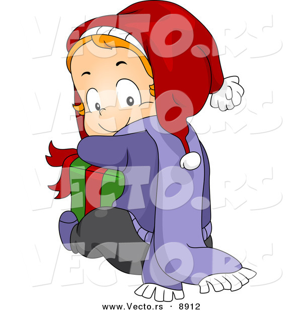 Cartoon Vector of a Happy Toddler Hugging a Gift on Christmas