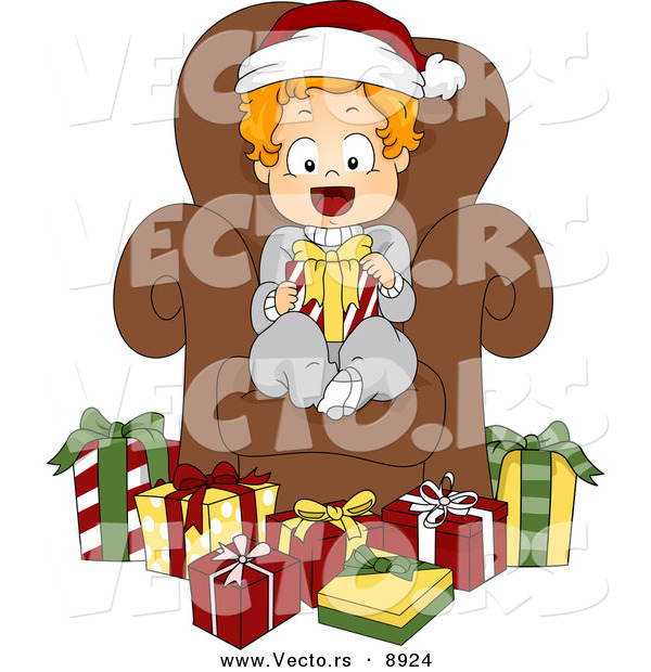 Cartoon Vector of a Happy Toddler Sitting in a Chair Surrounded by Presents on Christmas