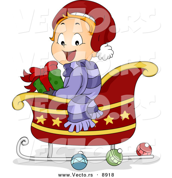 Cartoon Vector of a Happy Toddler Sitting in a Sleigh with a Gift on Christmas