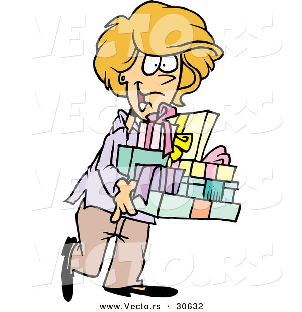 Cartoon Vector of a Happy Woman Carrying Presents