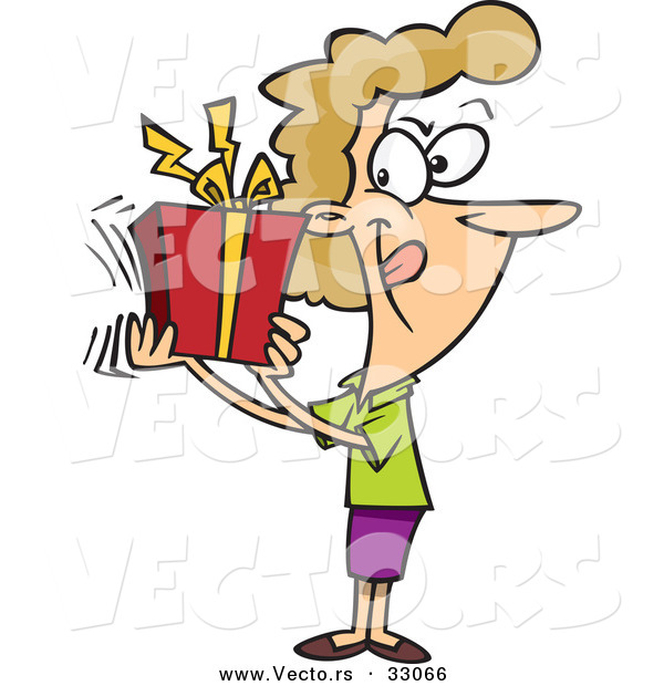 Cartoon Vector of a Happy Woman Shaking Present