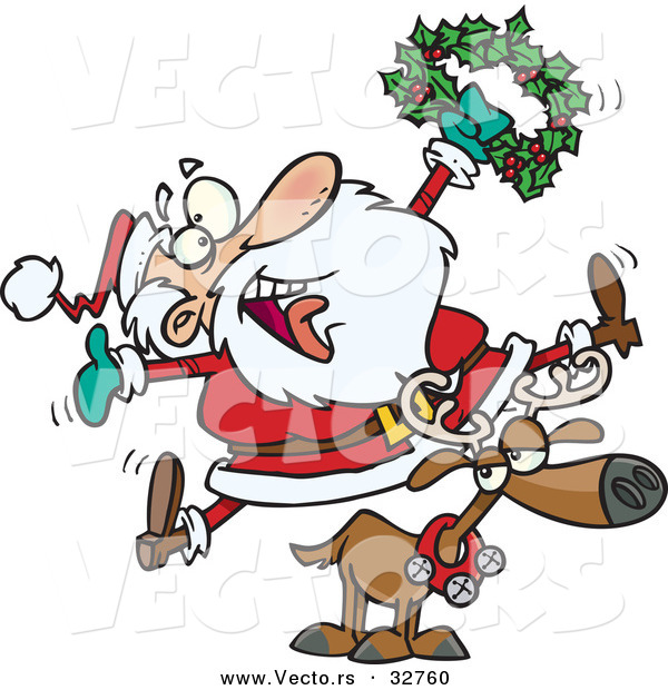 Cartoon Vector of a Joyful Santa Riding Reindeer