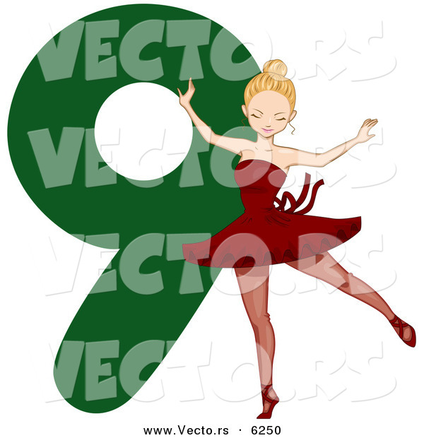 Cartoon Vector of a Lady Dancing Beside a Green Number Nine for Christmas
