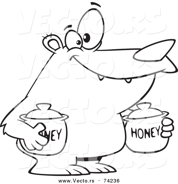 Cartoon Vector of a Lineart Bear Carrying Honey Jars