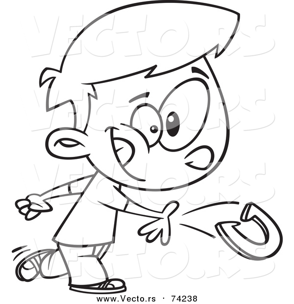 Cartoon Vector of a Lineart Boy Boy Playing Horseshoes