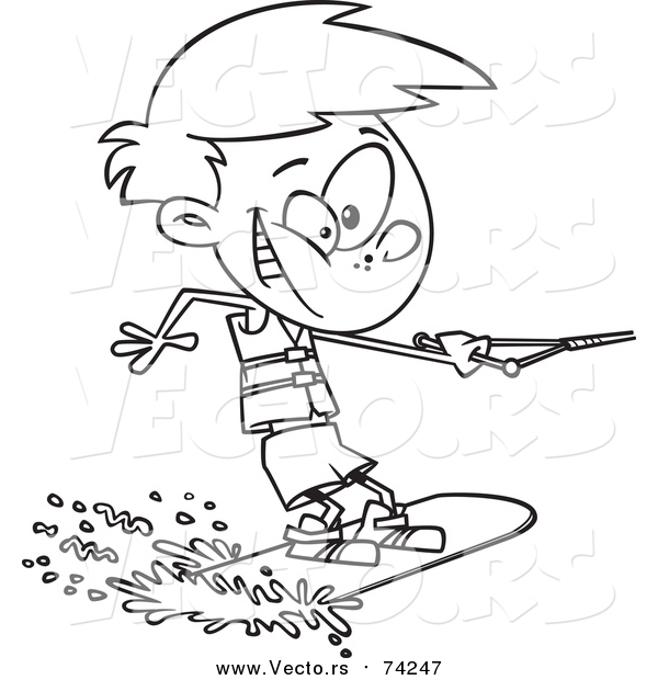 Cartoon Vector of a Lineart Boy Wakeboarding