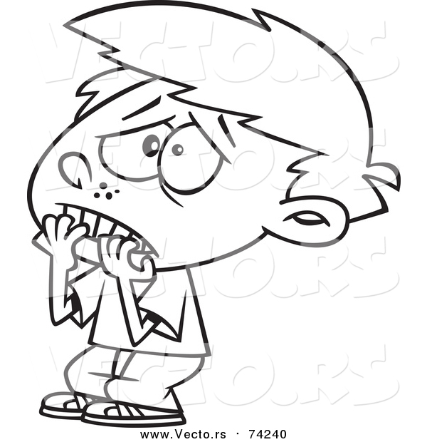 Cartoon Vector of a Lineart Scared Boy Biting His Finger Nails