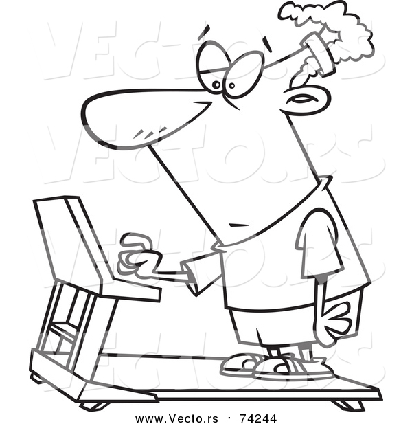 Cartoon Vector of a Lineart Unenthused Man Setting a Treadmill for a Workout