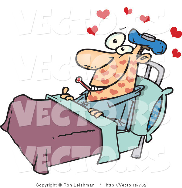 Cartoon Vector of a Love Sick Man Laying in Bed with Hearts Floating ...
