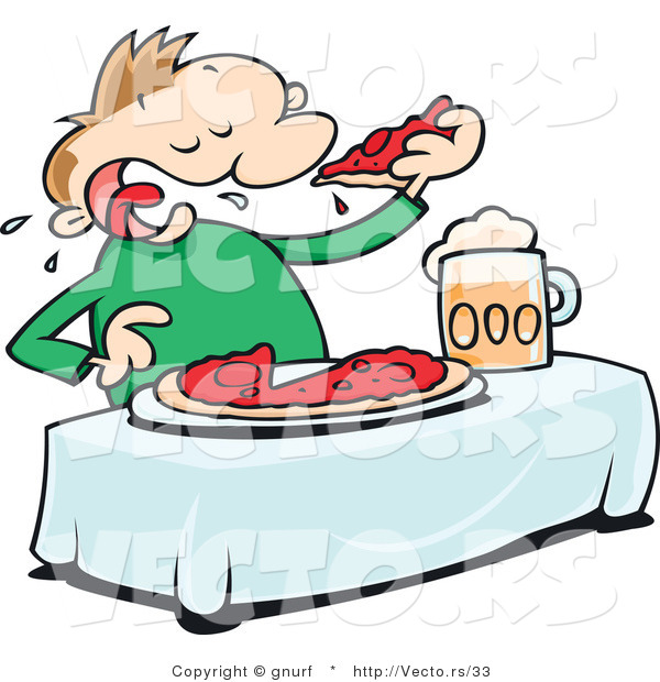 Cartoon Vector of a Man Eating Pizza with Beer at a Table