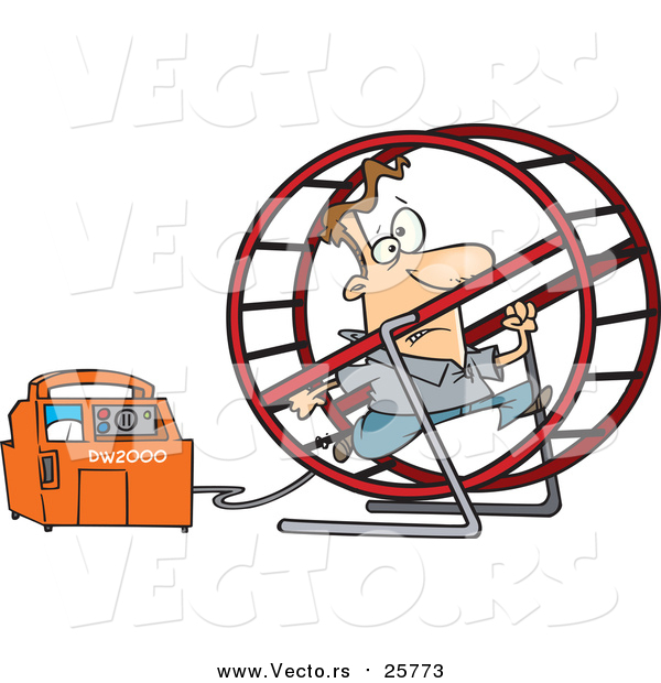 Cartoon Vector of a Man Running in a Wheel to Power a Generator