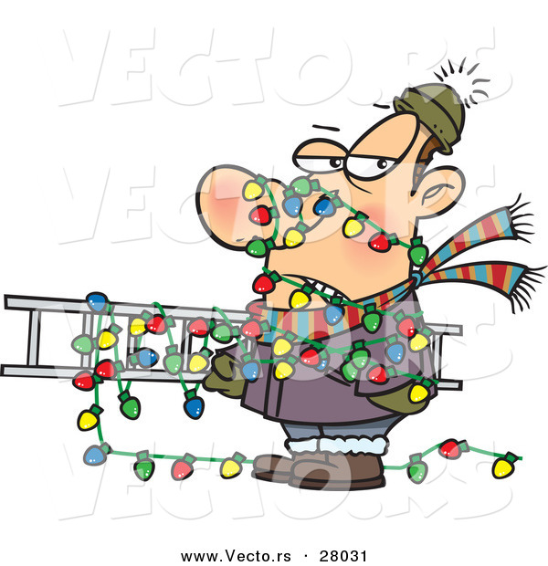 Cartoon Vector of a Man Tangled in Outdoor Christmas Lights While Carrying a Ladder