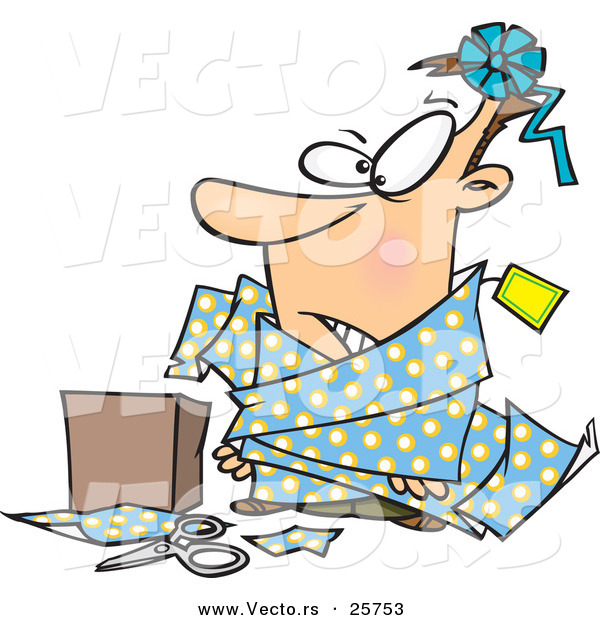 Cartoon Vector of a Man Tangled in Wrapping Paper Beside a Box