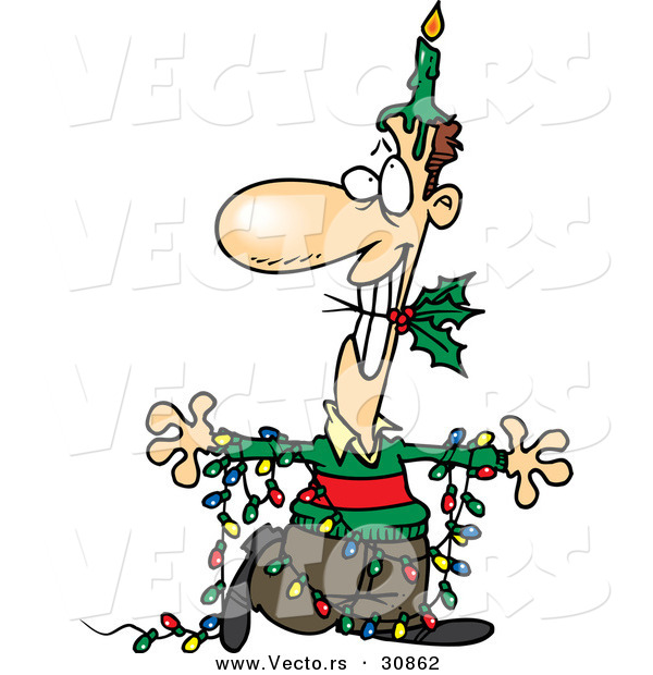 Cartoon Vector of a Man Wearing Christmas Lights, with a Lit Candle and Holly
