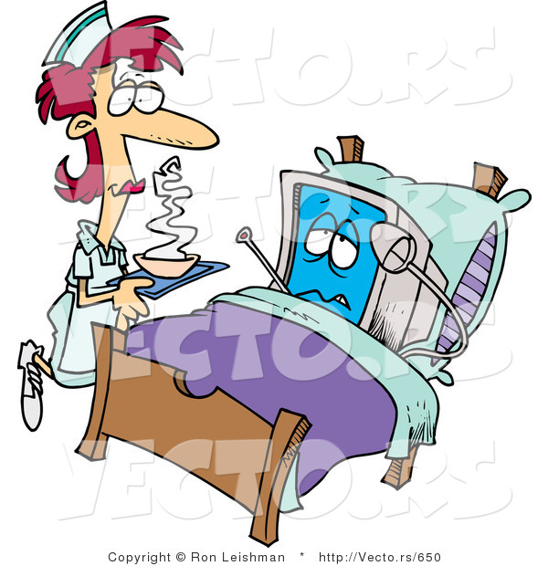 Cartoon Vector of a Nurse Aiding Sick Computer in a Hospital