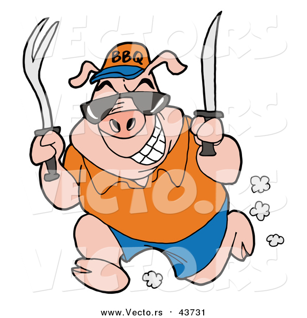 Cartoon Vector of a Pig Running with Fork and Knife