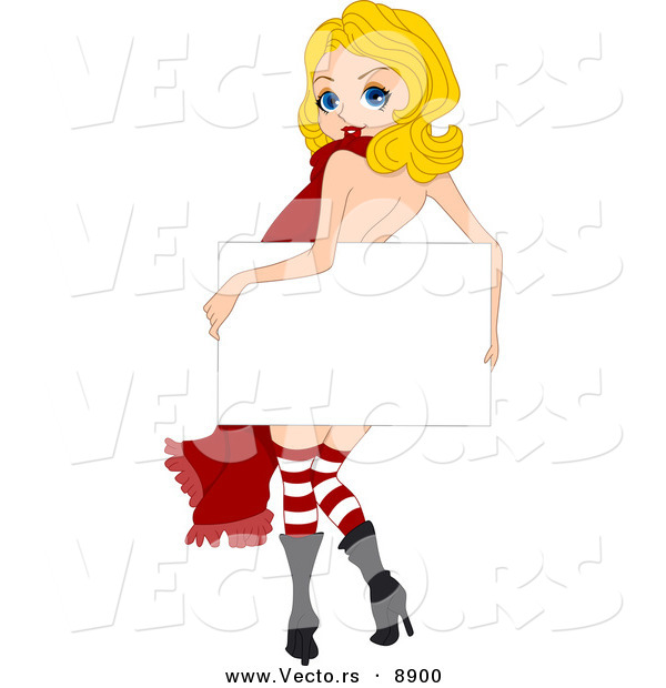 Cartoon Vector of a Pin-up Girl Holding a Sign for Christmas