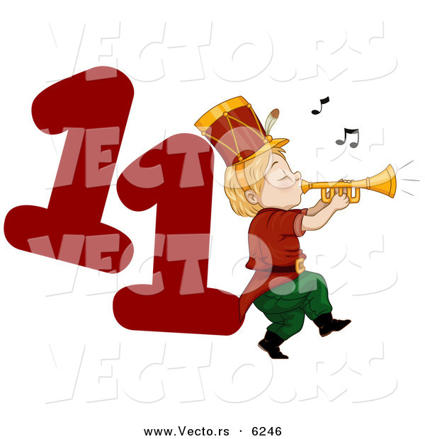 Cartoon Vector of a Piper Piping Beside a Red Number Eleven for Christmas