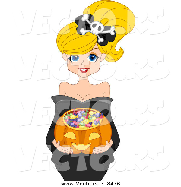 Cartoon Vector of a Pretty Girl with Pumpkin Container Full of Halloween Candy