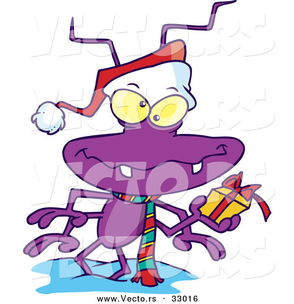 Cartoon Vector of a Purple Santa Bug Holding a Present