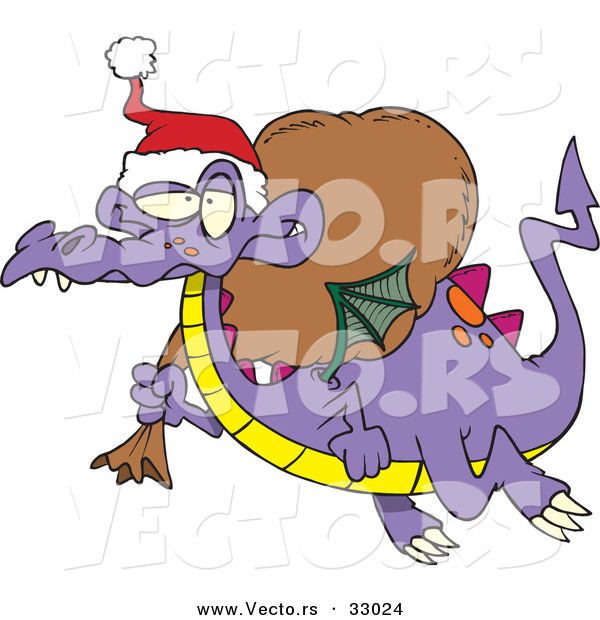 Cartoon Vector of a Purple Santa Dragon Flying with Bag of Presents