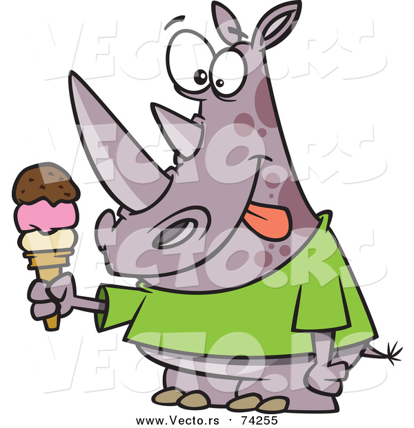 Cartoon Vector of a Rhinoceros Holding an Ice Cream Cone and Licking His Lips