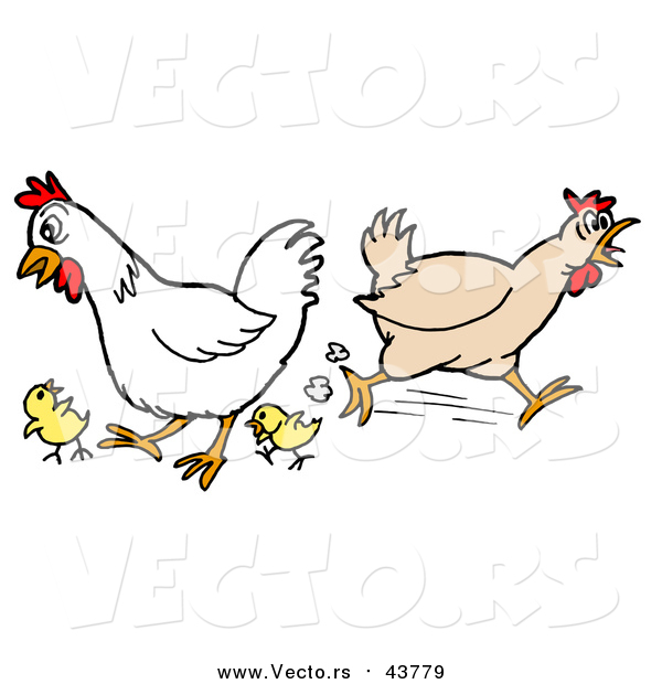 Cartoon Vector of a Rooster, Chicken, and Chicks Running Around