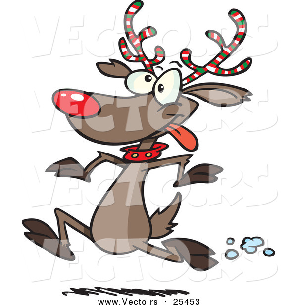 Cartoon Vector of a Rudolph the Reindeer with Festive Red, White and Green Striped Antlers, Running in the Snow