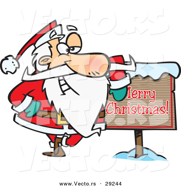 Cartoon Vector of a Santa Beside Merry Christmas Sign