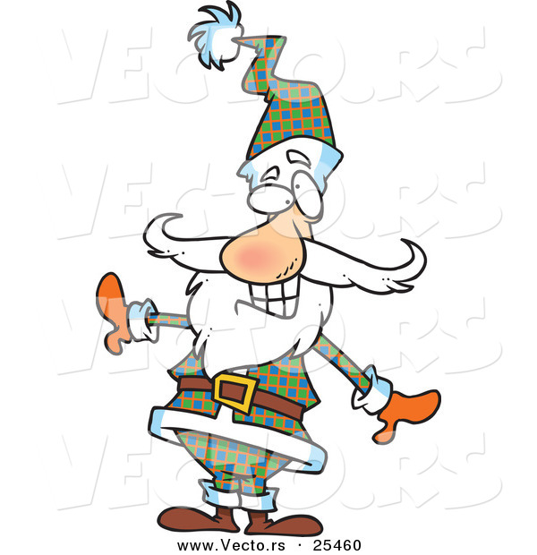 Cartoon Vector of a Santa Grinning in a Plaid Suit with Matching Hat