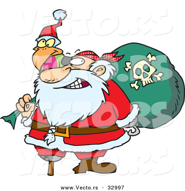 Cartoon Vector of a Santa Pirate with Peg Leg, Bag of Presents, and a Parrot