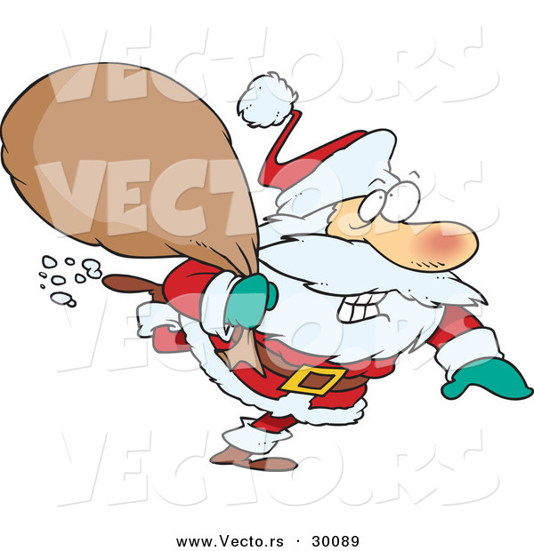 Cartoon Vector of a Santa Rushing with Bag of Presents