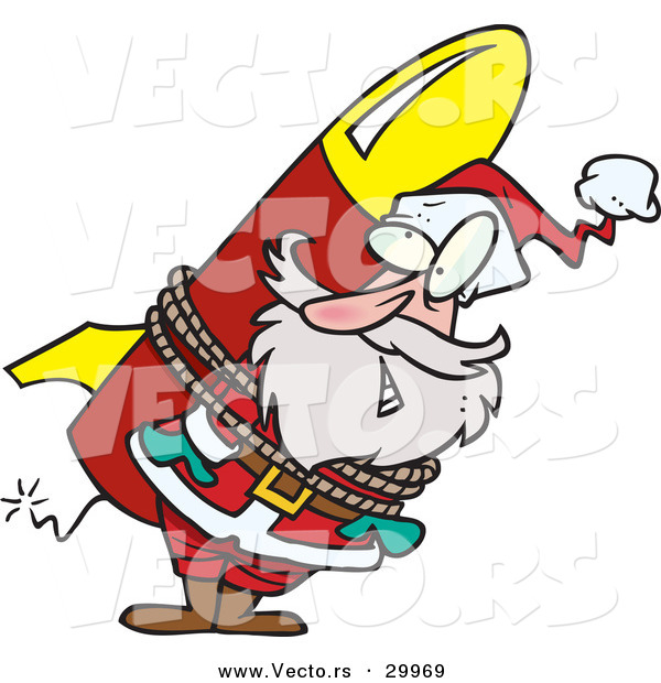 Cartoon Vector of a Santa Strapped to a Lit Rocket