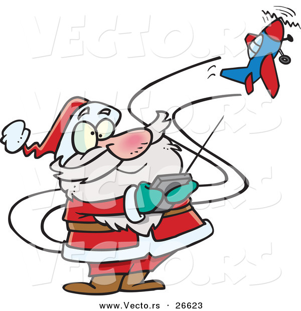 Cartoon Vector of a Santa Trying to Fly a Remote Control Airplane