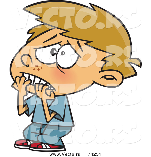 Cartoon Vector of a Scared Boy Biting His Finger Nails